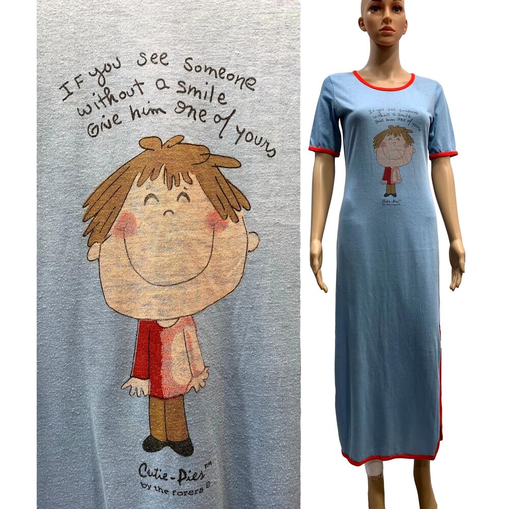 70s Long Blue T Shirt Nightgown Nightie w Cute Cartoon | XS/S - Picture 2 of 11